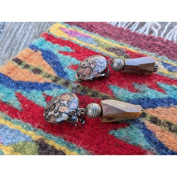 Vintage Leopard Skin Jasper Stone Clip On Earrings - Picture 6 of 10